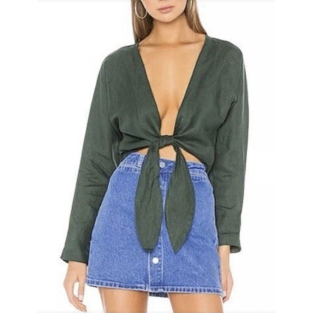 MIKOH Green Front Tie Cropped Top Size 1/S Long Sleeve